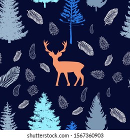 Seamless pattern with deer, Pine Cones Fruit and pine trees on blue background.