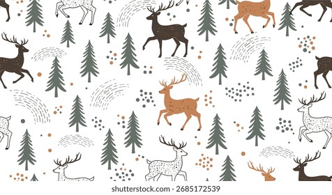 A seamless pattern of deer and pine trees in a winter forest scene.