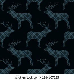 Seamless pattern with deer with plaid texture. Tartan. Scottish, English fabric. Vector illustration. Can be used for wallpaper, textile, invitation card, wrapping, web page background.
