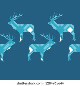 Seamless pattern with deer with plaid texture. Tartan. Scottish, English fabric. Vector illustration. Can be used for wallpaper, textile, invitation card, wrapping, web page background.