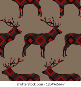 Seamless pattern with deer with plaid texture. Tartan. Scottish, English fabric. Vector illustration. Can be used for wallpaper, textile, invitation card, wrapping, web page background.