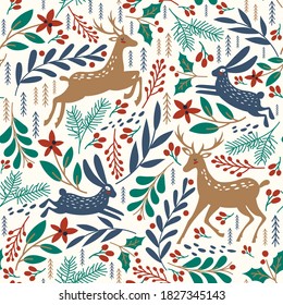 Seamless pattern with deer and rabbit. Winter background. Vector illustration