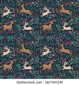 Seamless pattern with deer and rabbit. Winter background. Vector illustration