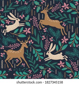 Seamless pattern with deer and rabbit. Winter background. Vector illustration
