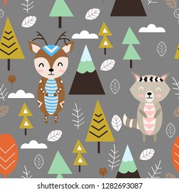 seamless pattern with deer and raccoon in forest Scandinavian style - vector illustration, eps