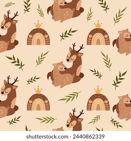 Seamless pattern with deer, rainbow and plants in cartoon flat style. Happy Mothers day digital paper perfect for scrapbook paper, decor, background, fabric. Hand drawn vector pattern