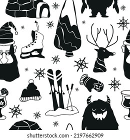 Seamless pattern. Deer, Santa Claus, gloves, decoration, yurt, skis, mulled wine, skates, gift, Christmas tree, snowflake, hat. Happy New Year! Merry Christmas! Finland.