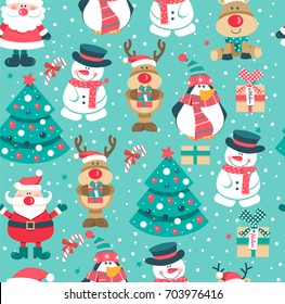 Seamless pattern with deer, Santa clause. tree, snowman and penguin. Vector illustration.