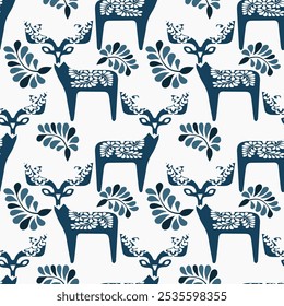 seamless pattern of deer silhouettes in a folk art style, featuring intricate floral motifs on their bodies. The design is minimalist and elegant, with a monochromatic blue color scheme on a white  