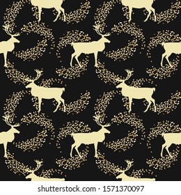 Seamless pattern with deer. Pattern with silhouettes of deer on a dark background with golden sparks. Vector 8 EPS.