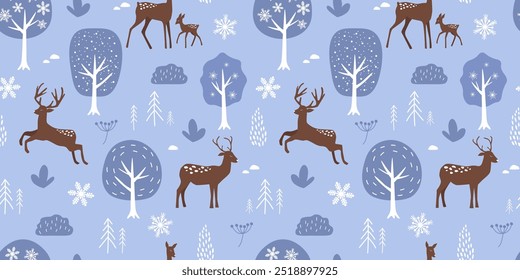 Seamless pattern with deer silhouettes on the background of forest, trees, snowflakes. Winter abstract nature print. Vector graphics.