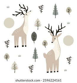 Seamless pattern with deer silhouettes on the background of forest, trees. Winter abstract nature print. Vector graphics.