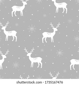 Seamless pattern with deer silhouettes and snowflake on a gray background Design, used for publication, poster, clothing, textile, vector illustration