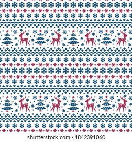 Seamless pattern with deer silhouettes and snowflakes.