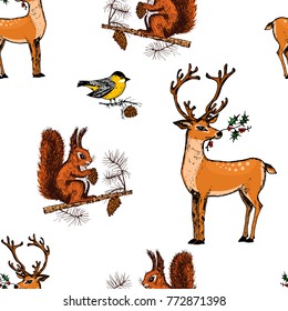seamless pattern deer, squirrel and Christmas animals. New Year penguin and bird cardinal or tit in the forest. winter holidays. engraved hand drawn in old sketch and vintage style for postcards.