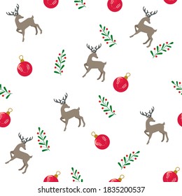 Patrón sin foco con ciervos y juguetes sobre el fondo blanco. impresión de Navidad y año nuevo, papel de envoltura, fondo, tarjeta, afiche. 