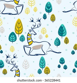 Seamless pattern with deer and trees