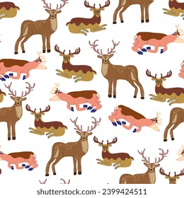 seamless pattern with deer in vector. artiodactyl mammal.For background, wallpaper, textile, print, wrapping. A series of animal images in flat style