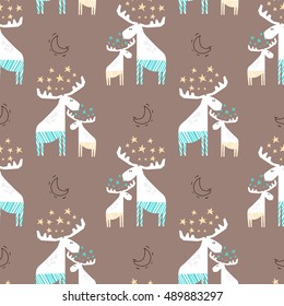 Seamless pattern with deer. Vector Christmas background in cartoon.