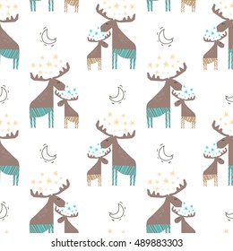 Seamless pattern with deer. Vector Christmas background in cartoon.