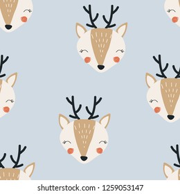 Seamless pattern with deer. Vector illustration for printing on packaging paper, children's clothing, bed linen, fabric, postcard. Cute baby background.