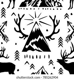 Seamless pattern with deers, antlers and and arrows