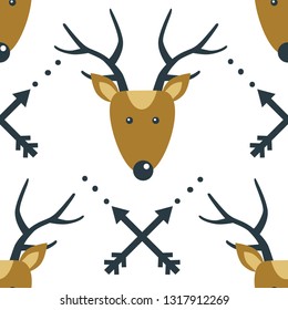 Seamless pattern, deers, arrows, hand drawn overlapping backdrop. Colorful background vector. Illustration with muzzles of animals. Decorative wallpaper, good for printing