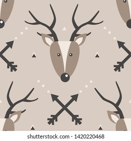 Seamless pattern, deers, arrows, hand drawn overlapping backdrop. Colorful background vector. Illustration with muzzles of animals. Decorative wallpaper, good for printing