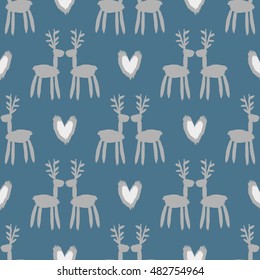 Seamless pattern with deers. Brush strokes background.