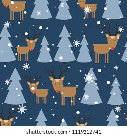Seamless pattern, deers, christmas trees, snow, hand drawn overlapping backdrop. Colorful background vector. Design illustration. Decorative wallpaper, good for printing. Happy New Year. Winter time