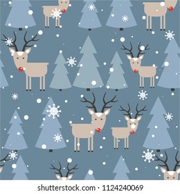 Seamless pattern, deers, christmas trees, snow, hand drawn overlapping backdrop. Colorful background vector. Design illustration. Decorative wallpaper, good for printing. Happy New Year. Winter time