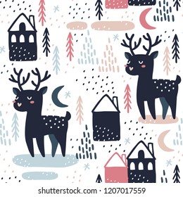 Seamless pattern with deers, christmas trees and houses. Great for fabric, textile, wrapping paper. Vector Illustration