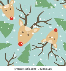 Seamless pattern, deers, christmas trees, snow, hand drawn overlapping backdrop. Colorful background vector. Design illustration. Decorative wallpaper, good for printing. Happy New Year. Winter time