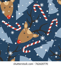 Seamless pattern, deers, christmas trees, snow, candy canes, hand drawn backdrop. Colorful background vector. Design illustration. Decorative wallpaper, good for printing. Happy New Year. Winter time