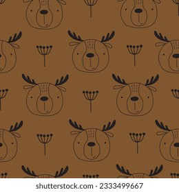 Seamless pattern with deers. Cute deer vector background in doodle style. Ideal for wallpaper, fabric, textile.