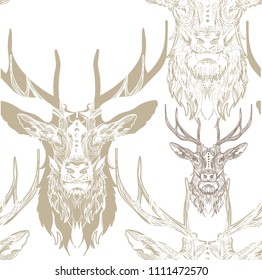 Seamless pattern with deers. Doodling, mandala. Drawing manually. Stylish background. Big horns, noble animal.