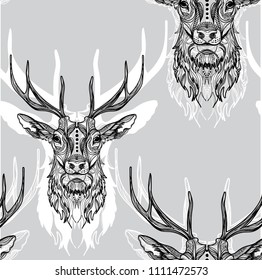 Seamless pattern with deers. Doodling, mandala. Drawing manually. Stylish background. Big horns, noble animal.