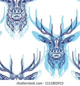 Seamless pattern with deers. Doodling, mandala. Drawing manually. Stylish background. Big horns, noble animal.