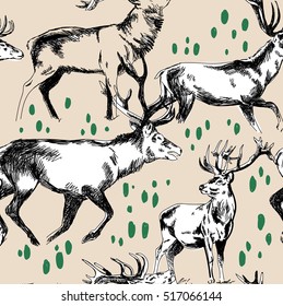 
Seamless pattern with deers. Drawing by hand in vintage style. Drawing by hand a pen. A herd of deer.