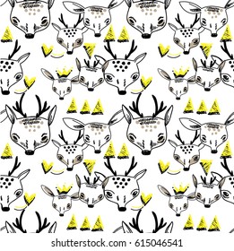 Seamless pattern with deers. Drawing by hand, children's drawing. Sketch with a pen. Stylish background with funny animals.