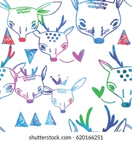 Seamless pattern with deers. Drawing by hand, children's drawing. Sketch with a pen. Stylish background with funny animals.