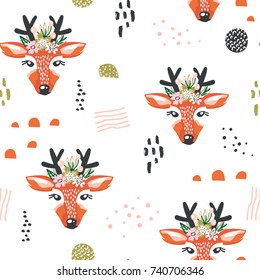 Seamless pattern with deers and drawn elements. Creative woodland background. Perfect for kids apparel,fabric, textile, nursery decoration,wrapping paper.Vector Illustration