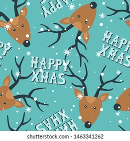 Seamless pattern, deers, english text, snow, hand drawn overlapping backdrop. Colorful background vector. Design illustration. Decorative wallpaper, good for printing. Happy New Year. Winter time