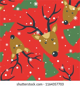 Seamless pattern, deers, fir trees, snow, hand drawn overlapping backdrop. Colorful background vector. Design illustration. Decorative wallpaper, good for printing. Happy New Year. Winter time