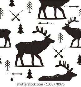 Seamless pattern with deers, fir-trees, arrows, hand drawn overlapping backdrop. Black and white background vector. Illustration with animals. Decorative wallpaper, good for printing
