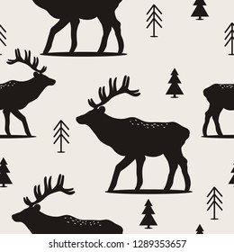 Seamless pattern, deers, fir-trees, hand drawn overlapping backdrop. Black and white background vector. Illustration with animals. Decorative wallpaper, good for printing