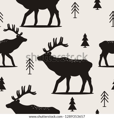 Seamless pattern, deers, fir-trees, hand drawn overlapping backdrop. Black and white background vector. Illustration with animals. Decorative wallpaper, good for printing