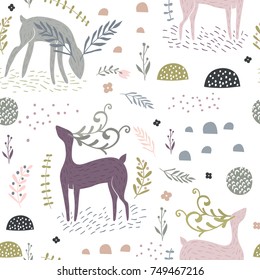 Seamless pattern with deers, floral elements, branches. Creative woodland background. Perfect for kids apparel,fabric, textile, nursery decoration,wrapping paper.Vector Illustration