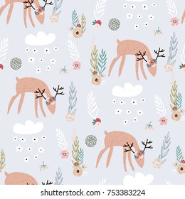 Seamless pattern with deers, floral elements, branches. Creative woodland background. Perfect for kids apparel,fabric, textile, nursery decoration,wrapping paper.Vector Illustration