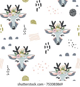 Seamless pattern with deers, floral elements, branches. Creative woodland background. Perfect for kids apparel,fabric, textile, nursery decoration,wrapping paper.Vector Illustration
